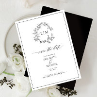 White Black Leafy Crest Monogram Save the Date