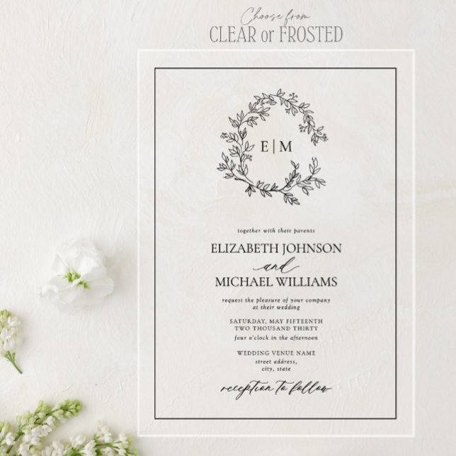 White Black Leafy Crest Monogram Wedding Acrylic Invitations (Creator Uploaded)