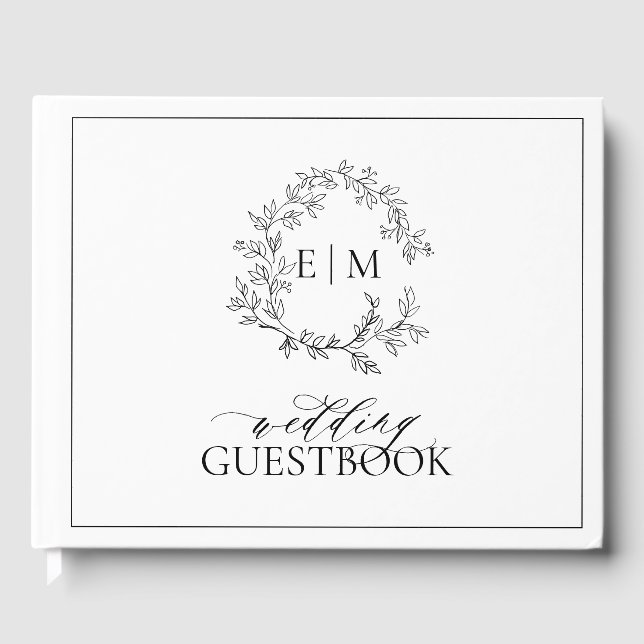 White Black Leafy Crest Monogram Wedding Guest Book (Front)