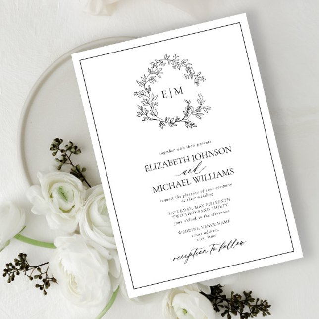White Black Leafy Crest Monogram Wedding Invitation (Creator Uploaded)