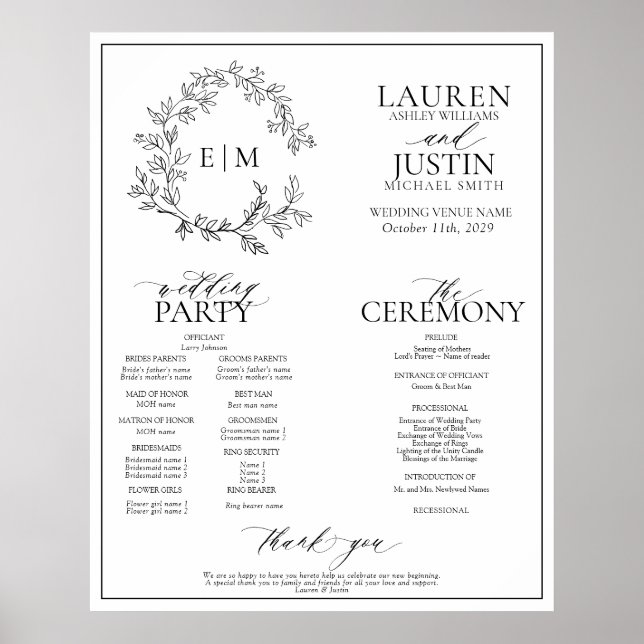 White Black Leafy Crest Monogram Wedding Program Poster (Front)