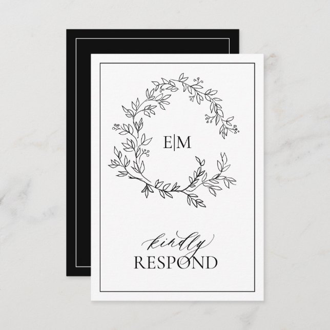 White Black Leafy Crest Monogram Wedding RSVP Card (Front/Back)