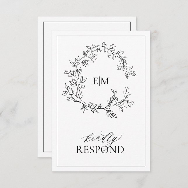 White Black Leafy Crest Monogram Wedding RSVP Card (Front/Back)