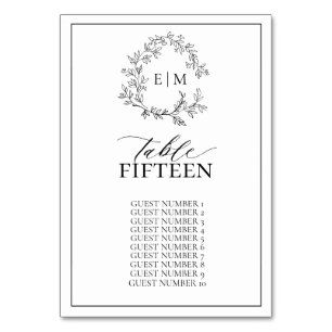 White Black Leafy Crest Monogram Wedding Table Number