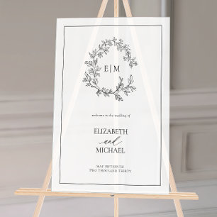 White Black Leafy Crest Monogram Welcome Wedding Acrylic Sign