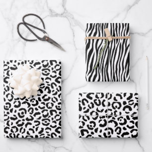 White Black Leopard Zebra Animal Print Wrapping Paper Sheet