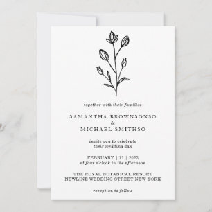 White Black Lettering Flower Bouquet Botanical Invitation