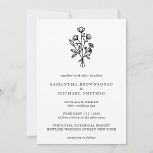 White Black Lettering Flower Bouquet Botanicals Invitation