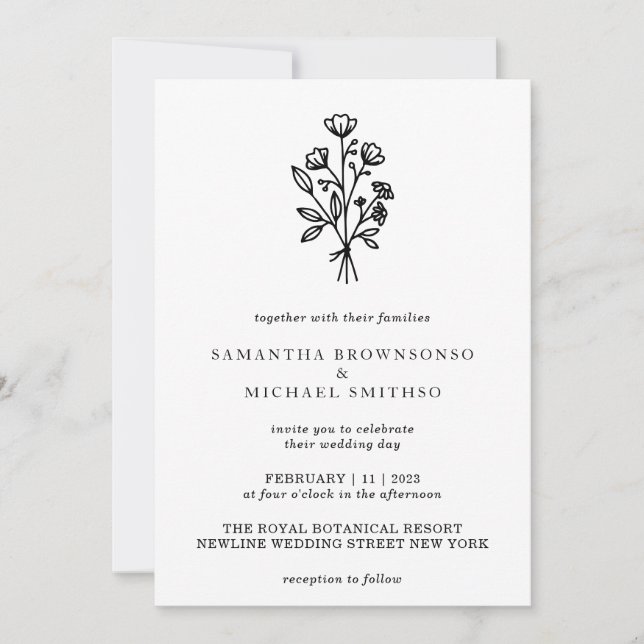 White Black Lettering Flower Bouquet Botanicals Invitation (Front)