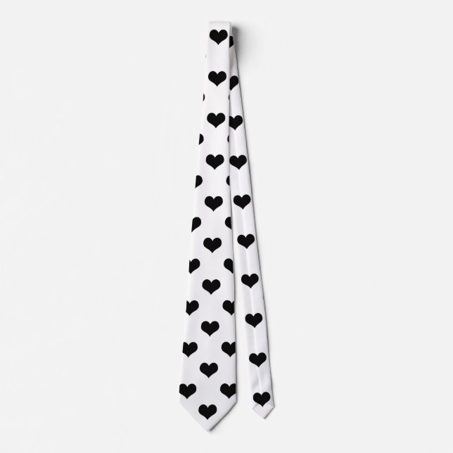 White  Black Love Heart Pattern Design  Tie (Front)