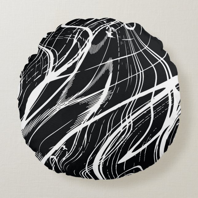 White Black Marble: Abstract Vintage Round Cushion (Front)