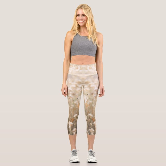 White Black Minimalist Flower Field Self-Care Capri Leggings (Front)