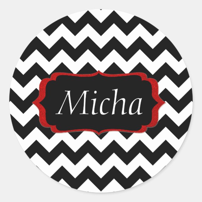 White & Black Modern Chevron Monogram Classic Round Sticker (Front)