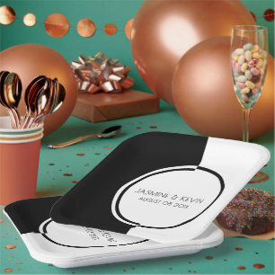 White & Black Modern Geometric Design Paper Plate