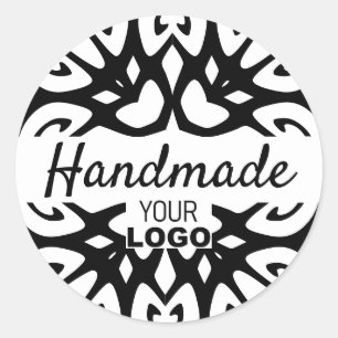 White Black Modern Ornament Mandala Handmade Logo Classic Round Sticker
