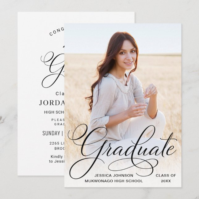 White Black Modern PHOTO Graduation Party Invitation (Front/Back)