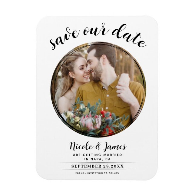 White & Black Modern Round Photo Save the Date Magnet (Vertical)