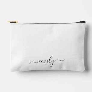 White Black Modern Script Monogram Name Accessory Pouch