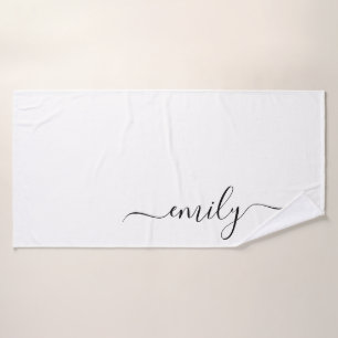 White Black Modern Script Monogram Name Bath Towel