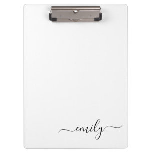 White Black Modern Script Monogram Name Clipboard