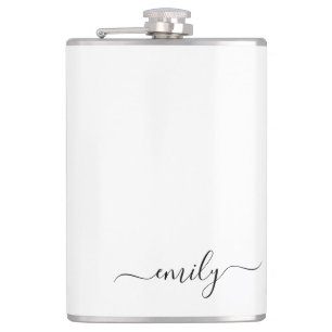White Black Modern Script Monogram Name Hip Flask