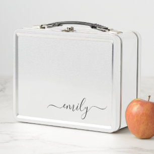 White Black Modern Script Monogram Name Metal Lunch Box