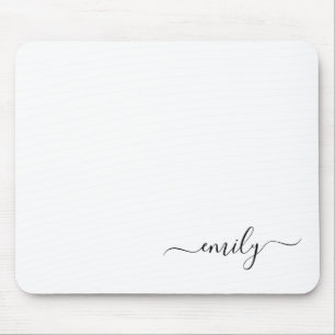 White Black Modern Script Monogram Name Mouse Pad