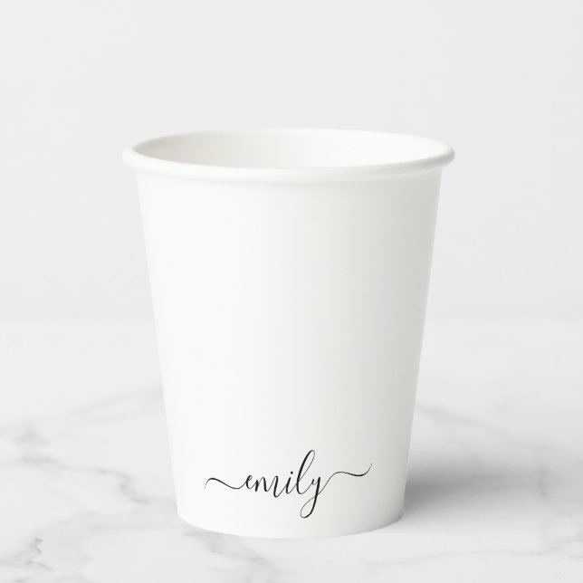 White Black Modern Script Monogram Name Paper Cups (Front)