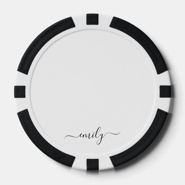 White Black Modern Script Monogram Name Poker Chips (Front)