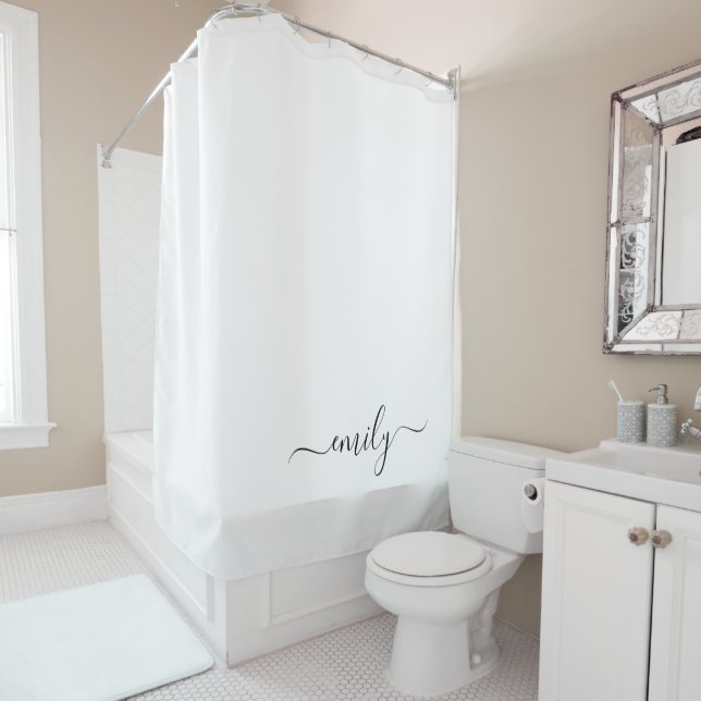 White Black Modern Script Monogram Name Shower Curtain (In Situ)
