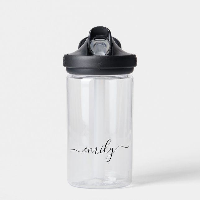 White Black Modern Script Monogram Name Water Bottle (Front)