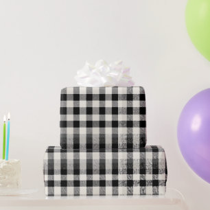 White Black Monochrome Check Ivory Plaid Pattern Wrapping Paper