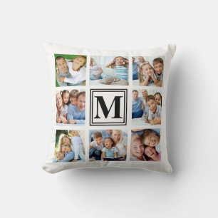 White Black Monogram 8 Multi Photo Collage Cushion