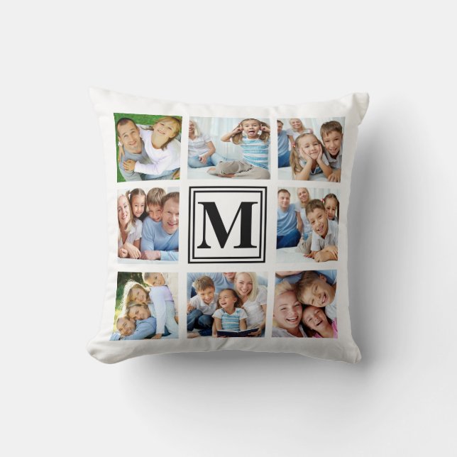 White Black Monogram 8 Multi Photo Collage Cushion (Front)