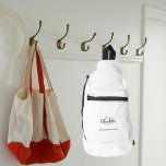 White black monogram initials name modern sling bag<br><div class="desc">White background,  black and golden text. Personalise and add your first name,  monogram initials and full name.</div>