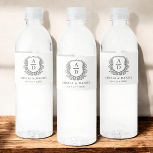 White Black Monogram Wedding Floral Crest Water Bottle Label