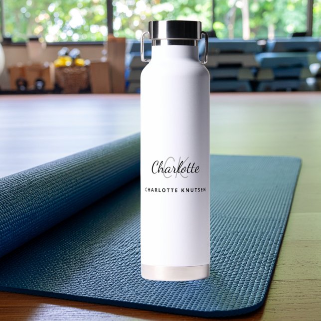 White black monogrammed initials name simple water bottle (Creator Uploaded)