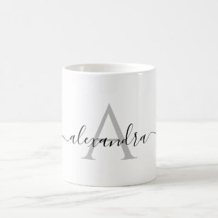 White Black Name Initial Monogram Elegant Script Coffee Mug