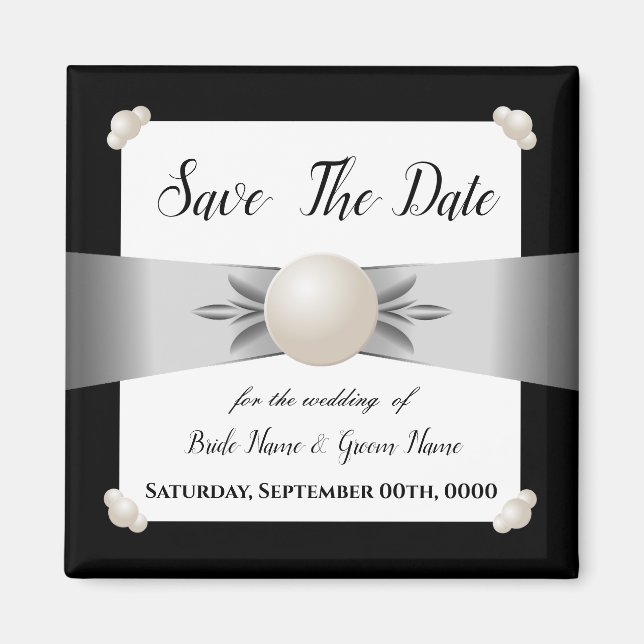 White & Black Pearl Ribbon Photo Save the Date Magnet (Front)