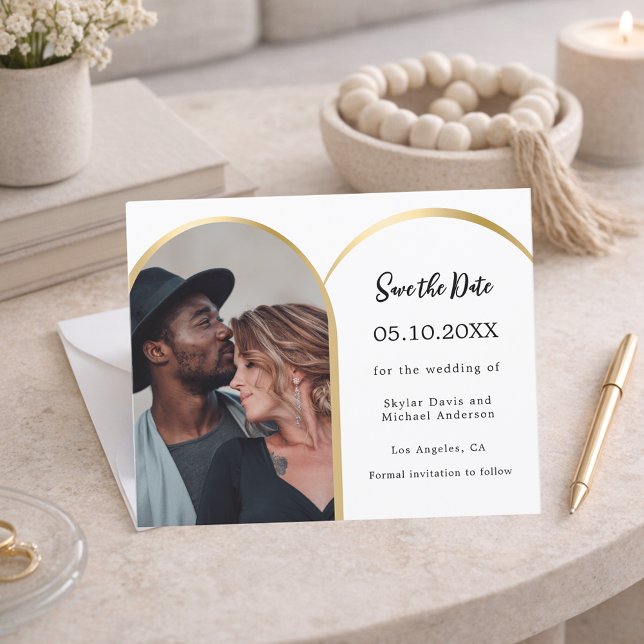 White black photo arch wedding Save the Date card (Creator Uploaded)