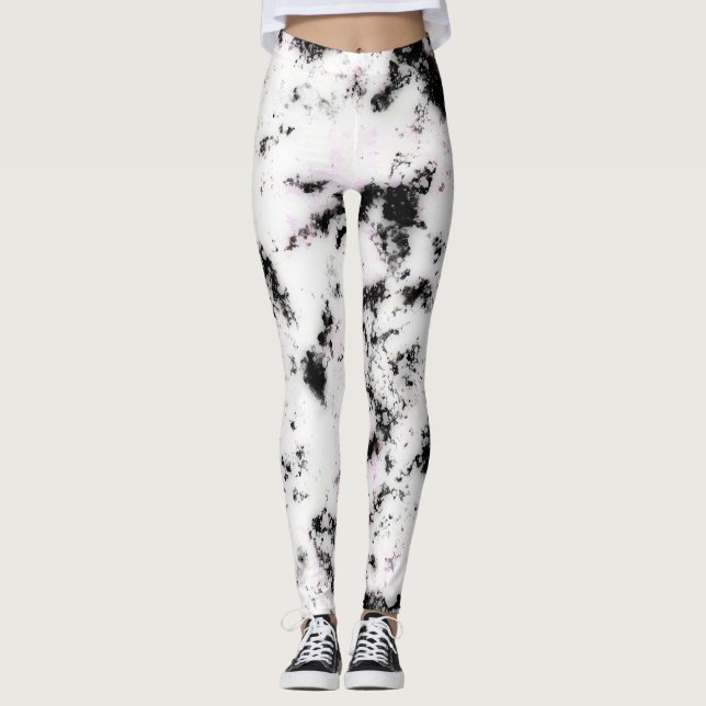 White Black Pink Marble Paint Splash Abstract Leggings (Front)