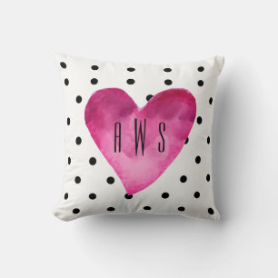White + Black polka dots Watercolor Heart Monogram Cushion