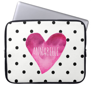 WHITE + Black polka dots Watercolor Heart Monogram Laptop Sleeve