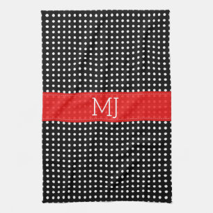 White & Black Polkadot Pattern-Monogram Tea Towel