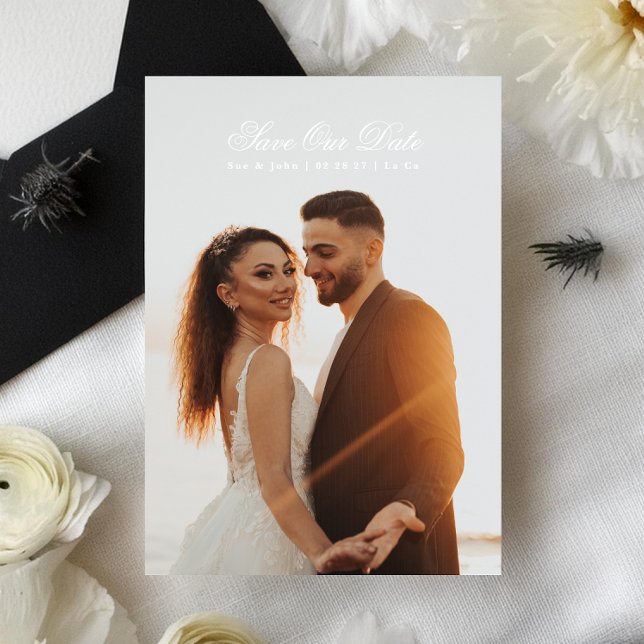 White & Black Premium Classic Calligraphy Photo  Save The Date (Creator Uploaded)