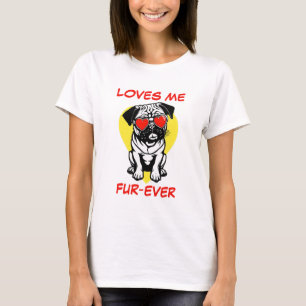 White Black Pug Red Heart Heart-Shaped Sunglasses T-Shirt