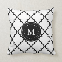 White Black Quatrefoil Pattern Monogrammed Pillow