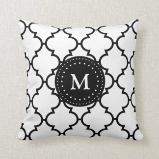 White Black Quatrefoil Pattern Monogrammed Pillow
