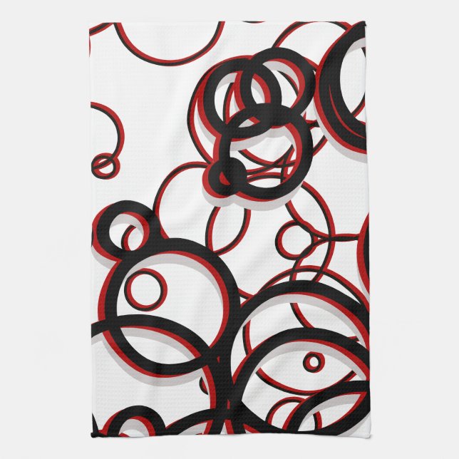 White Black & Red Geometric Circle Pattern Tea Towel (Vertical)