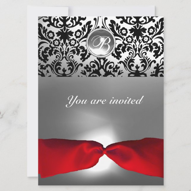 WHITE BLACK RED RIBBON DAMASK GEM STONE MONOGRAM r Invitation (Front)